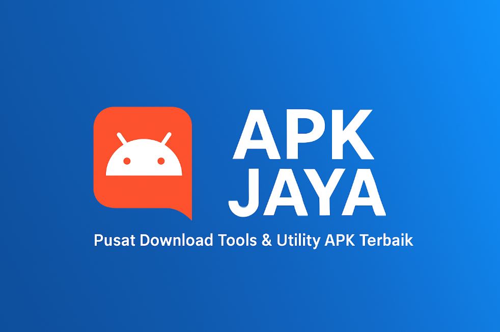 Logo dan banner APK JAYA dengan ikon Android berwarna oranye dan teks putih di atas background gradasi biru.